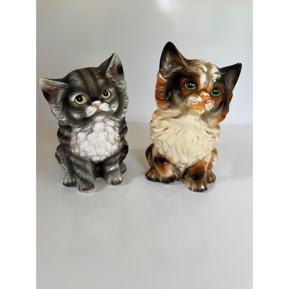 Vintage Ucagco Japan Ceramic Kitten Planter Set Grey Tabby Calico Cat Figurines